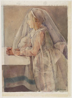 KT 1998 041
<br/>
Biddende gesluierde jonge vrouw (Communicantje)
<br/>
<em>Kat, Otto Boudewijn de (1907 - 1995)</em>